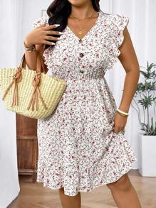 SHEIN Clasi Plus Size Vacation Casual Ditsy Floral Ruffle Hem Dress - White - View 4