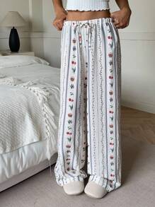 Aloruh 新款夏季休闲百搭松紧腰抽绳直筒阔腿条纹浪漫花卉印花裤，适合居家和外出 - 白色 - 查看 7