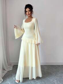 Elenzga Đầm maxi voan dáng chữ A, cổ vuông màu vàng kem thanh lịch, tay loe gợi cảm, xếp nếp, chất liệu voan xòe dành cho nữ, thích hợp cho tiệc tốt nghiệp, sự kiện ngày lễ, kỳ nghỉ, hẹn hò, trang phục thường ngày - Vàng nhạt - Xem 5