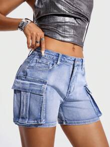 Jeanoix 女士休闲工装口袋牛仔短裤 - 淺色水洗藍 - 查看 4