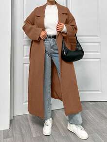 EURMUSE Lapel Neck Double Breasted Slant Pocket Waist Belt Tie-Up Woolen Overcoat - Mocha Brown - View 5