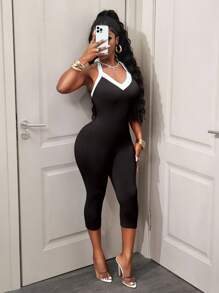 BamGleam 女式撞色露背吊带连体裤 - 黑與白 - 查看 6