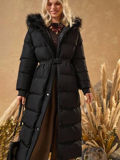 Bóhologie Women Fake Fur Hooded Padded Long Belt Detailed Winter Coat