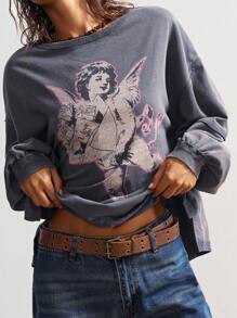 Bohemela Moletom feminino casual de malha com gola redonda, cor sólida, solto e lavado, grande, outono/inverno