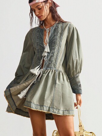 Bohemela Vestido mini de mezclilla tejido de unicolor casual para mujer, blusa bohemia, blusas bohemias, blusas túnica, ropa bohemia, blusas bohemias