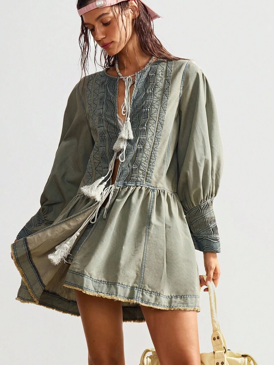 Bohemela Vestido mini de mezclilla tejido de unicolor casual para mujer, blusa bohemia, blusas bohemias, blusas túnica, ropa bohemia, blusas bohemias - Gris - Ver 1