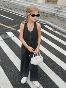 SHEIN Tween 女童夏季休闲条纹露背吊带连体裤 - 黑色 - 查看 6