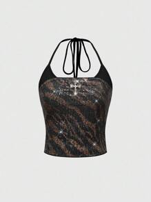 ROMWE J-Fashion 女式复古嬉皮音乐节性感低腰豹纹斑马纹亮片面料紧身短裤，二合一亮片背心两件套 - 黑色 - 查看 8