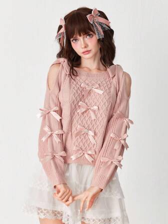 Kawaii Pull ample décontracté pour femmes, col rond, épaules dénudées, avec nœud décoratif, couleur unie
