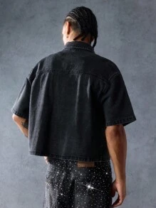 ROMWE MEN Street Life 男士水钻装饰单排扣牛仔衬衫 - 黑色 - 查看 3