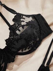 Charlaine Embroidery Sheer Mesh Underwire Lingerie Set - Black - View 6
