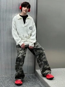 DAZY 男士休闲落肩字母图案针织米色毛衣，秋季校园 - 米色 - 查看 10