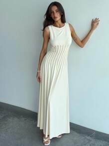 Aloruh 极简杏色 V 领无袖褶皱紧身连衣裙，适合通勤和度假 - 杏色 - 查看 7