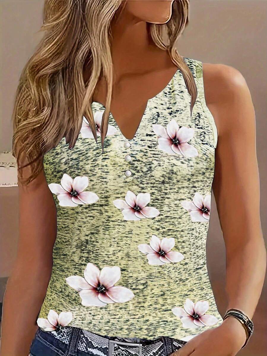 EMERY ROSE Canotta casual da donna con scollo a V e stampa floreale, estiva