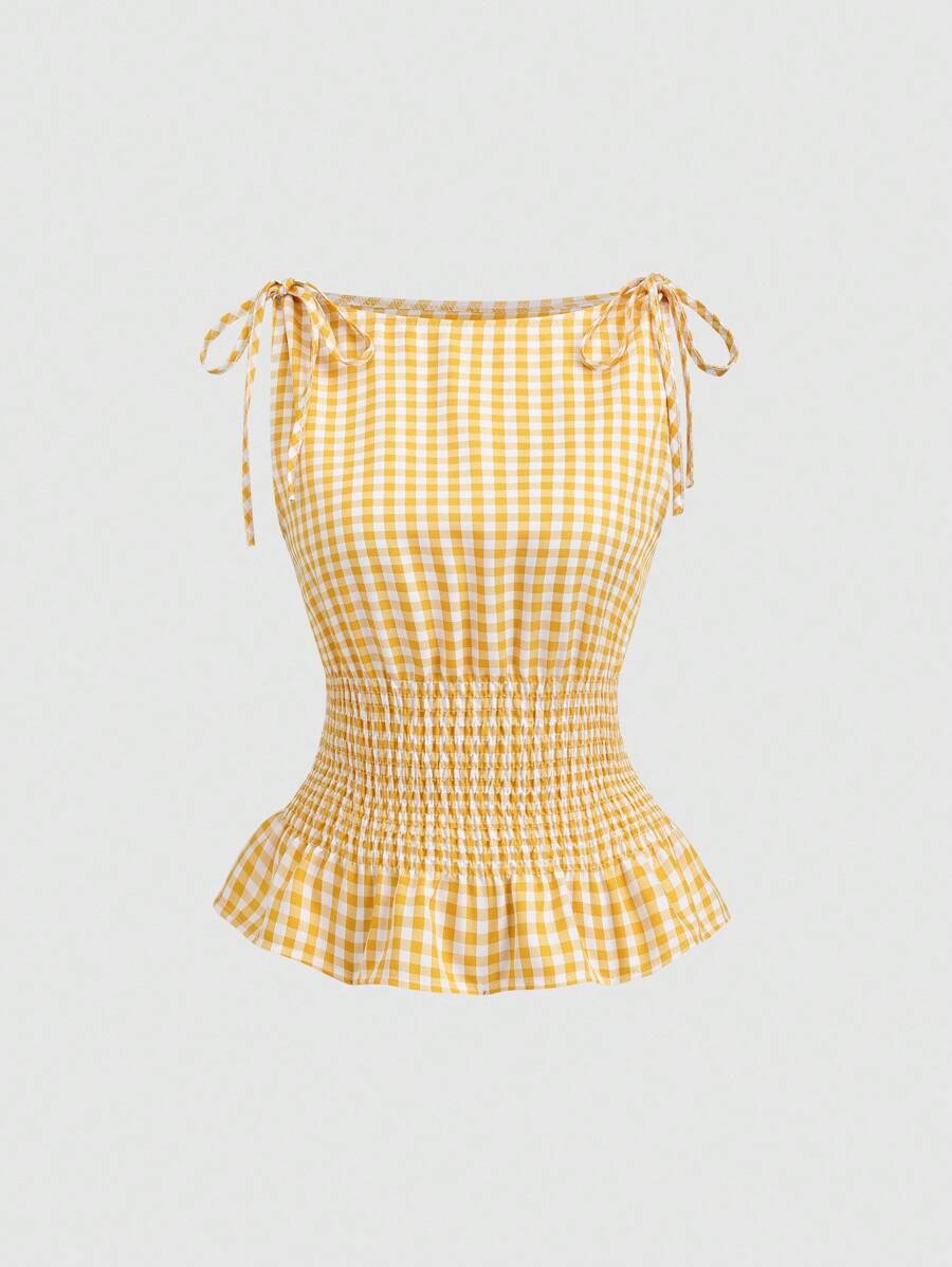 Sweetra 女士优雅法式纯色格子肩带腰部修身休闲通勤百搭背心，春夏