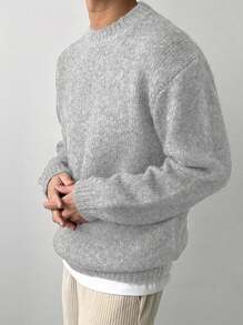 DAZY 男士纯色休闲日常简约百搭宽松落肩毛衣，适合秋季 - 灰色 - 查看 7