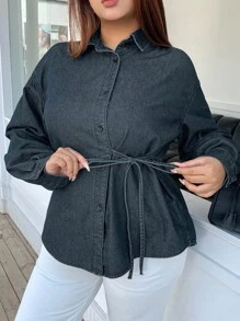 Dazy Plus 深色洗水牛仔翻领宽松长袖系带不对称前扣夹克，适合春秋季 - 深色水洗藍 - 查看 5