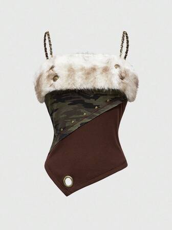 J-Fashion Top femme avec patchwork de fausse fourrure, imprimé camouflage moelleux, chaîne ornementale, style Gyaru Himekaji Y2K, pour l'automne/hiver