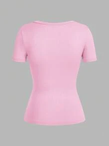 SHEIN EZwear 3pcs Women's Deep V-Neck Tight Casual Short Sleeve Basic Layering Long Sleeve T-Shirt Set, Black/Pink/White, Suitable For Spring/Summer Suitable For Going Out - Multicolor - View 3