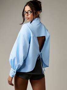 MISSGUIDED Women Striped Button Down Shirt Open Back Tie Detail Balloon Sleeve Professional Business Casual Office Wear Spring Summer Autumn Blouse - Blue - View 1
