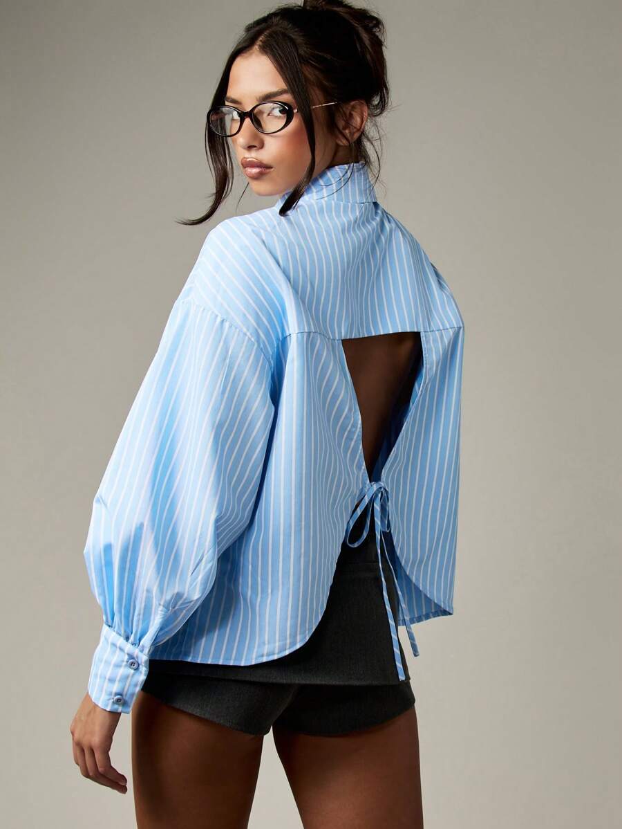 MISSGUIDED Women Striped Button Down Shirt Open Back Tie Detail Balloon Sleeve Professional Business Casual Office Wear Spring Summer Autumn Blouse - Blue - View 1