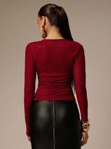 Silquee Women's Fashionable Sexy Solid Color Sheer Fitted Long Sleeve T-Shirt