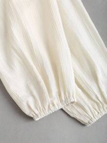 Sweetra 复古法式优雅女士优雅纹理系带荷叶边可爱甜美风格女式衬衫秋季女装 - 杏色 - 查看 3