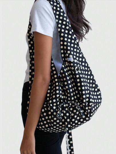 Anime Vintage Minimalist Black & White Polka Dot Women's Large Capacity Shoulder Bag, Casual Tote Bag, Suitable For Daily Commute, Travel, Etc.
