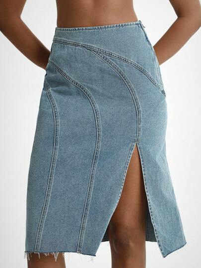 Daynim Women's Casual Asymmetric Denim Skirt Denim Maxi Skirt