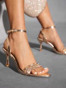 CUCCOO SZL Sandalias con tacón alto y puntera afilada, decoradas con rhinestones, tacones de aguja de moda con punta abierta - Champán - Ver 2