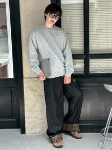 DAZY 男士纯色休闲日常简约百搭宽松落肩毛衣，适合秋季 - 灰色 - 查看 8