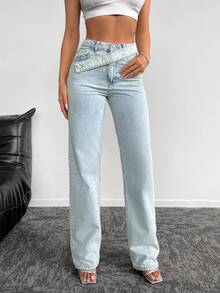SHEIN Tall Light Wash Extra Long Straight Leg Denim Jeans For Women With Unique Zipper Detail Casual Plain Style - Light Wash - View 1