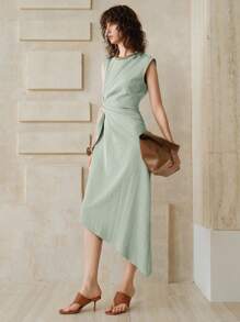 EMERY ROSE Vestido gris azul de longitud media sin mangas con diseño de pliegues retorcidos asimétricos en la cintura y bajo asimétrico, para uso diario, trabajo, regreso a clases, atuendos de maestras y vestimenta casual de negocios para mujer en verano - Azul - Ver 4