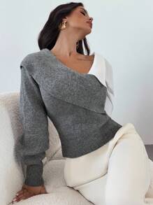 Firerie Casual And Elegant Gray And White Stitching Long-Sleeved Sweater, Suitable For Commuting, Work Wear And Outdoor Occasions/Fall/Back To School/Homecoming/Old Money Style Women/Autumn Bottoms/Tops For Going Out/Pile Collar Pleated Tops/All/Business Casual/Vintage/Fall