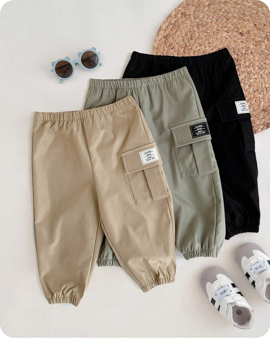 SHEIN Leap Crew 3pcs Baby Boy Casual Loose Fit Elastic Waist Cargo Pants, Suitable For Spring Autumn For Everyday Wear, Home, School - Multicolor - View 1