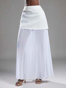 NYA SZN High Rise Flowy Chiffon Maxi Skirt White,Autumn,Seksi Chic,Vacation Mesh Wedding Guest Bridal Party Boho Festival Beach Casual Special Occasion Gyaru - White - View 2