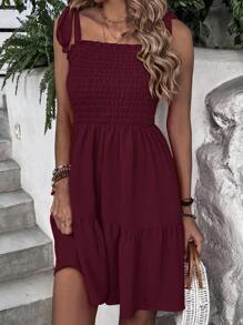 Breezaya Solid Color Shirred Knot Ruffle Hem Camisole Dress, Summer Summer Dress