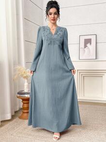 Al Najma Women's Contrast Lace V-Neck Long Sleeve Arabic Dress - Blue - View 2