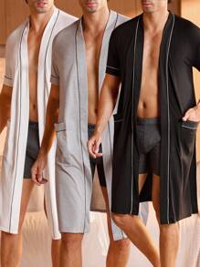 Manfinity Underwear&Sleepwear Basics 3 件男士宽松长袖长袍，带双口袋 - 黑與白 - 查看 1