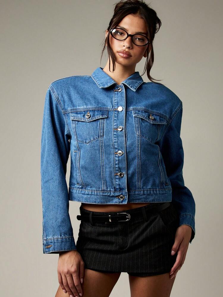 MISSGUIDED Oversized Shoulder Pad Denim Jacket Trucker Style Retro 90s Y2K Fashion Statement Piece Fall Winter Outerwear Classic Vintage Inspired Design With Button Front Closure