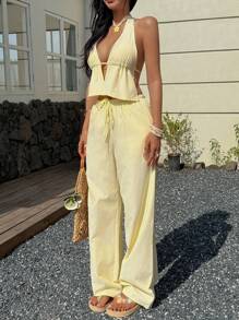SHEIN PETITE Blue & White Striped Linen Fabric Deep V-Neck Halter Backless Crop Top And Low Waist Drawstring Tie Pocket Wide Leg Pants Two Pieces Set, Vacation Beach Sexy Casual Everyday Wear, Petite Summer - Yellow - View 5