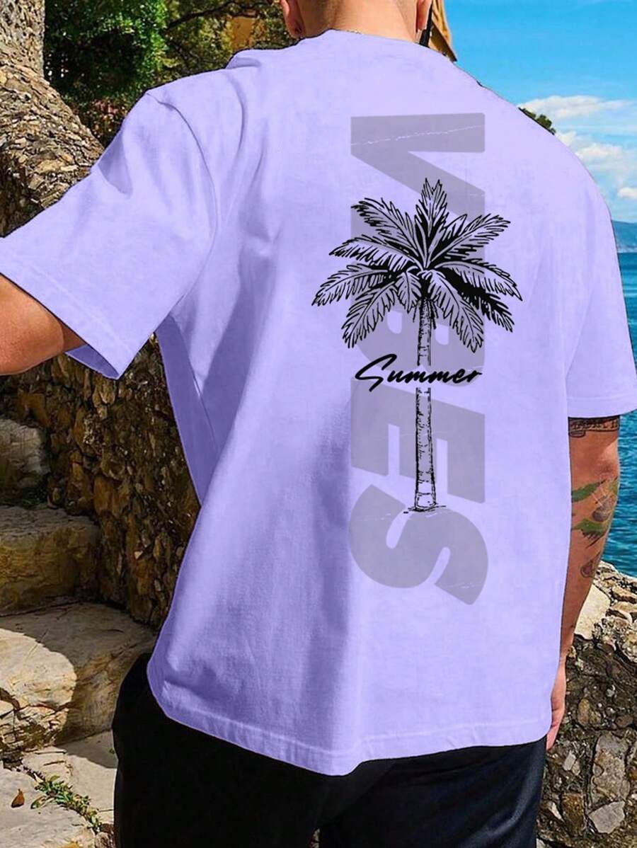 Manfinity Chillmode 男士椰子树与字母图案 T 恤