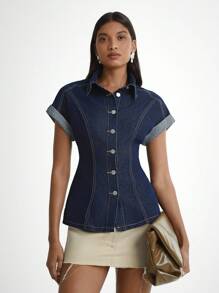 Daynim 女式休闲束腰牛仔衬衫 - 深色水洗藍 - 查看 4