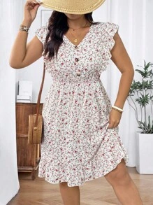 SHEIN Clasi Plus Size Vacation Casual Ditsy Floral Ruffle Hem Dress - White - View 5