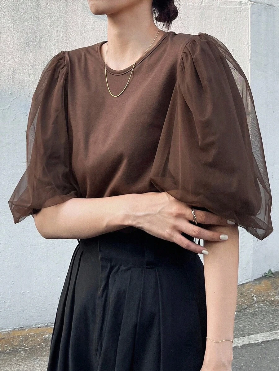 FRIFUL 女士纯咖啡棕色圆领网眼拼布休闲百搭短袖 T 恤 - 咖啡棕 - 查看 1