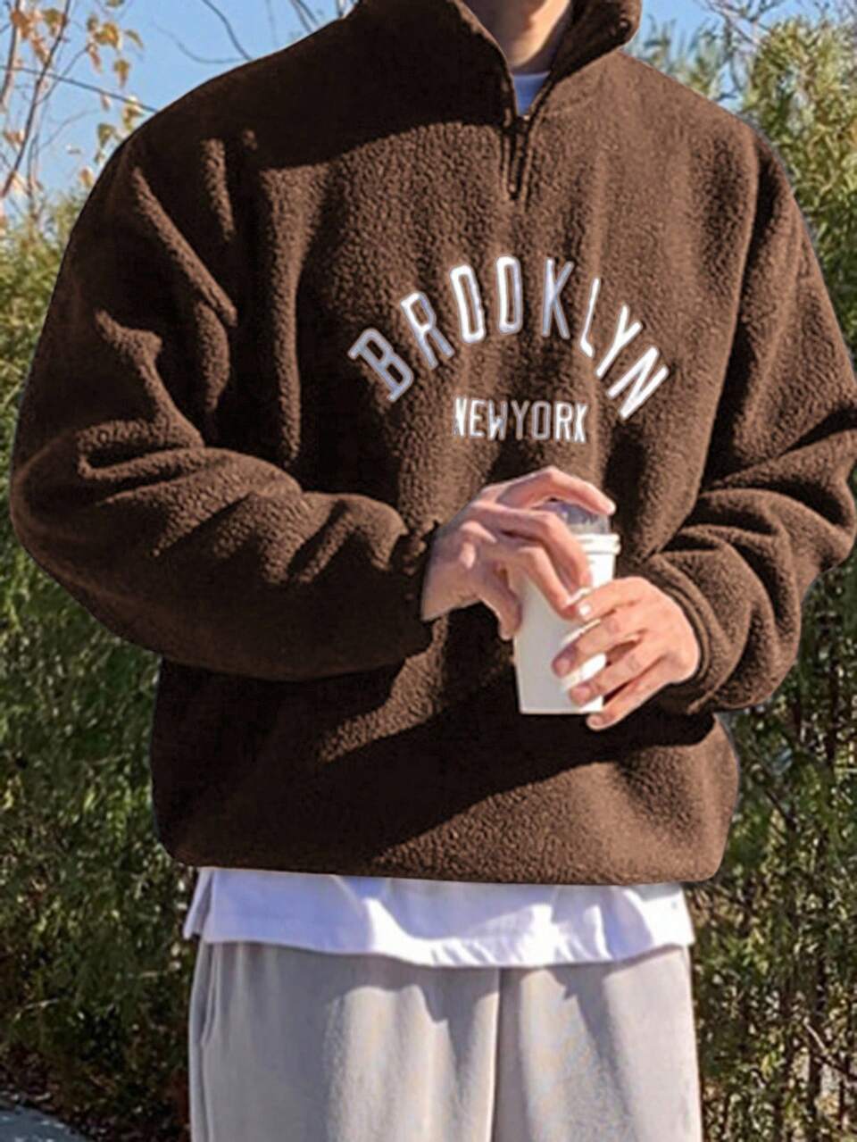 Men's Autumn/Winter Thermal Lined Sweatshirt With Letter Print Quarter Zip Men