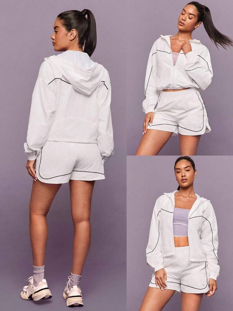 軽量コントラストパイピング調整可能なエラスティックバンド付きウインドブレーカーパーカージャケット、中程度のインパクトのランニング、ジョギング、ハイキング、ジム、スタジオ、デイリーカジュアルウェア