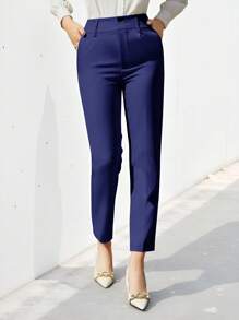 EURMUSE Women's Solid Color Simple Daily Suit Pants  - Navy Blue - View 1