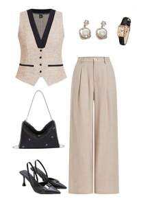 Ellevyn 女士休闲纯色褶皱锥形百搭四季西装裤秋冬女装商务休闲女装秋季女装商务休闲女装 - 杏色 - 查看 1