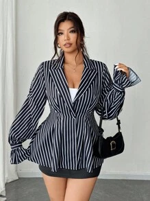 Elenzga 大码女式条纹翻领喇叭袖休闲夹克 - 藏蓝色 - 查看 1